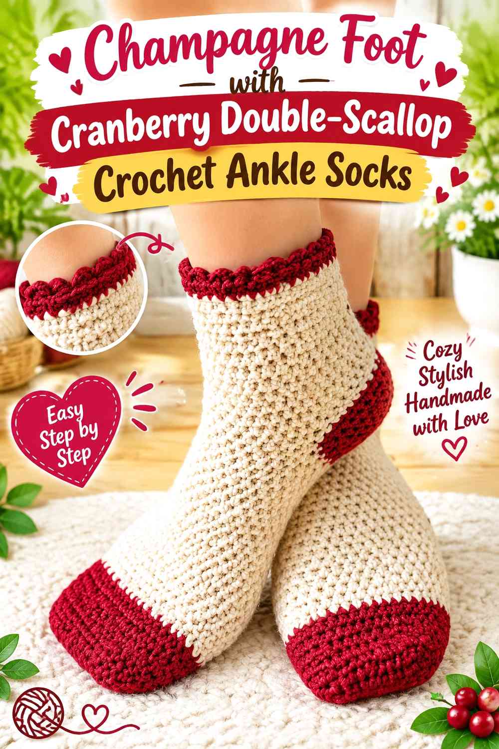 Champagne Foot with Cranberry Double-Scallop Crochet Ankle Socks