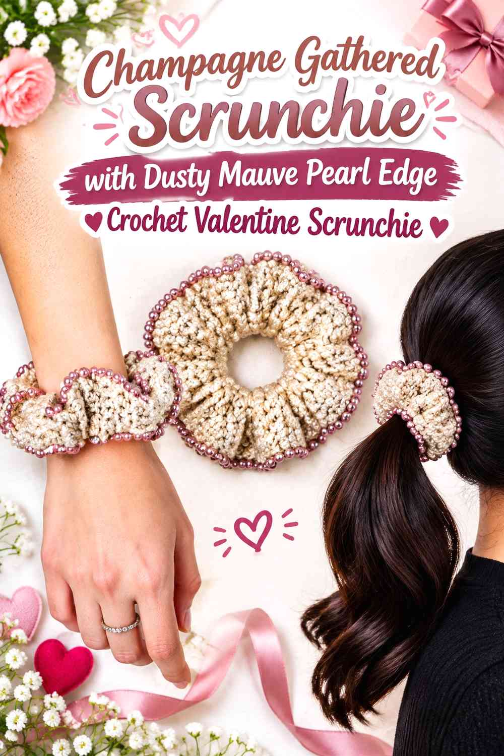 Champagne Gathered Scrunchie with Dusty Mauve Pearl Edge Crochet Valentine Scrunchie