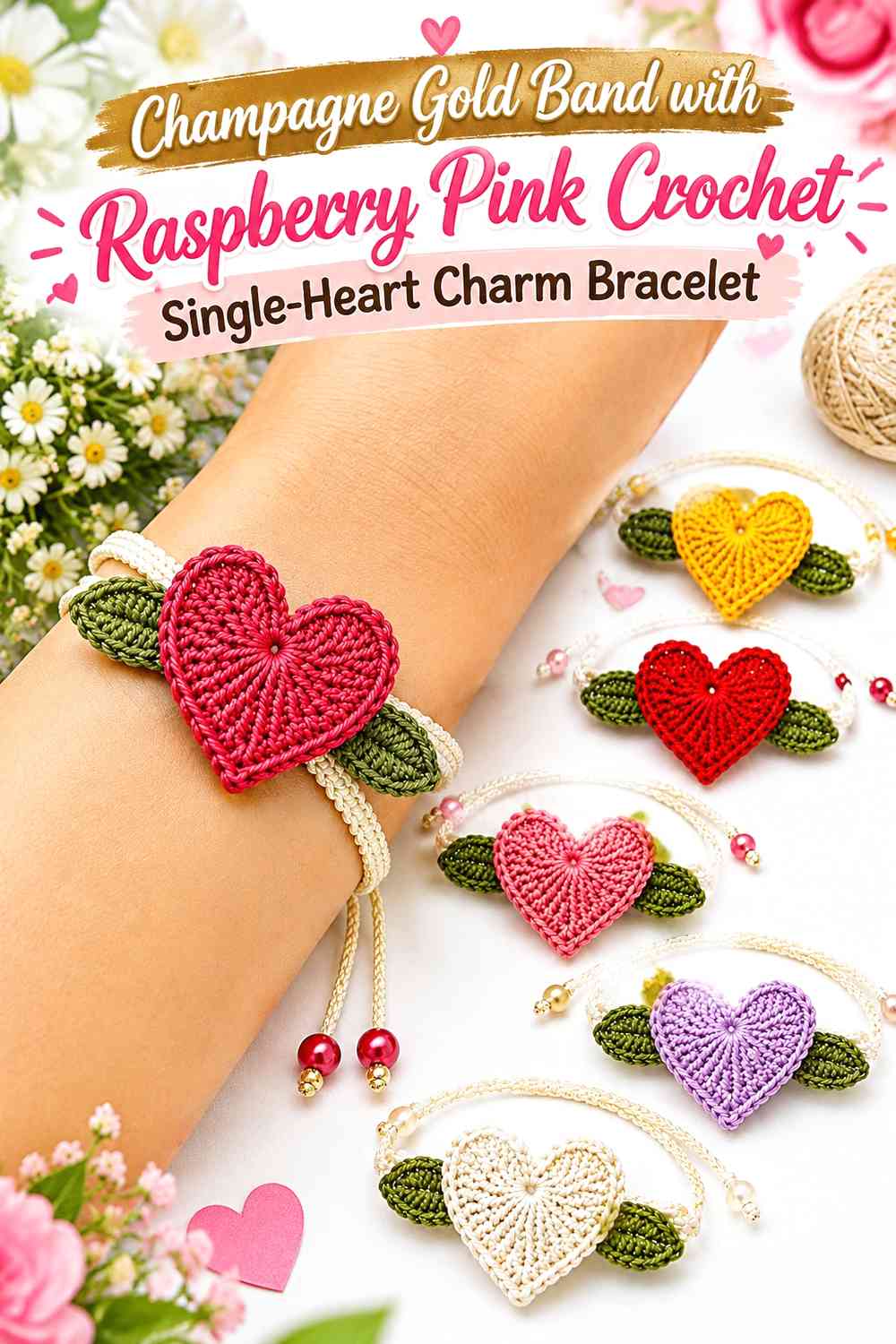Champagne Gold Band with Raspberry Pink Crochet Single-Heart Charm Bracelet
