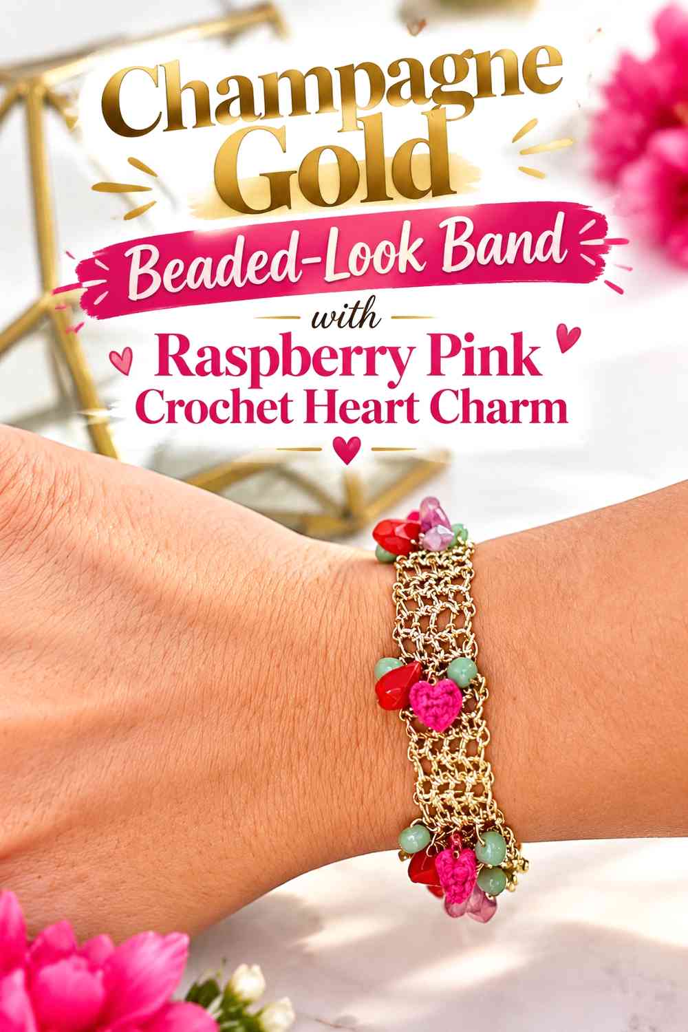 Champagne Gold Beaded-Look Band with Raspberry Pink Crochet Heart Charm