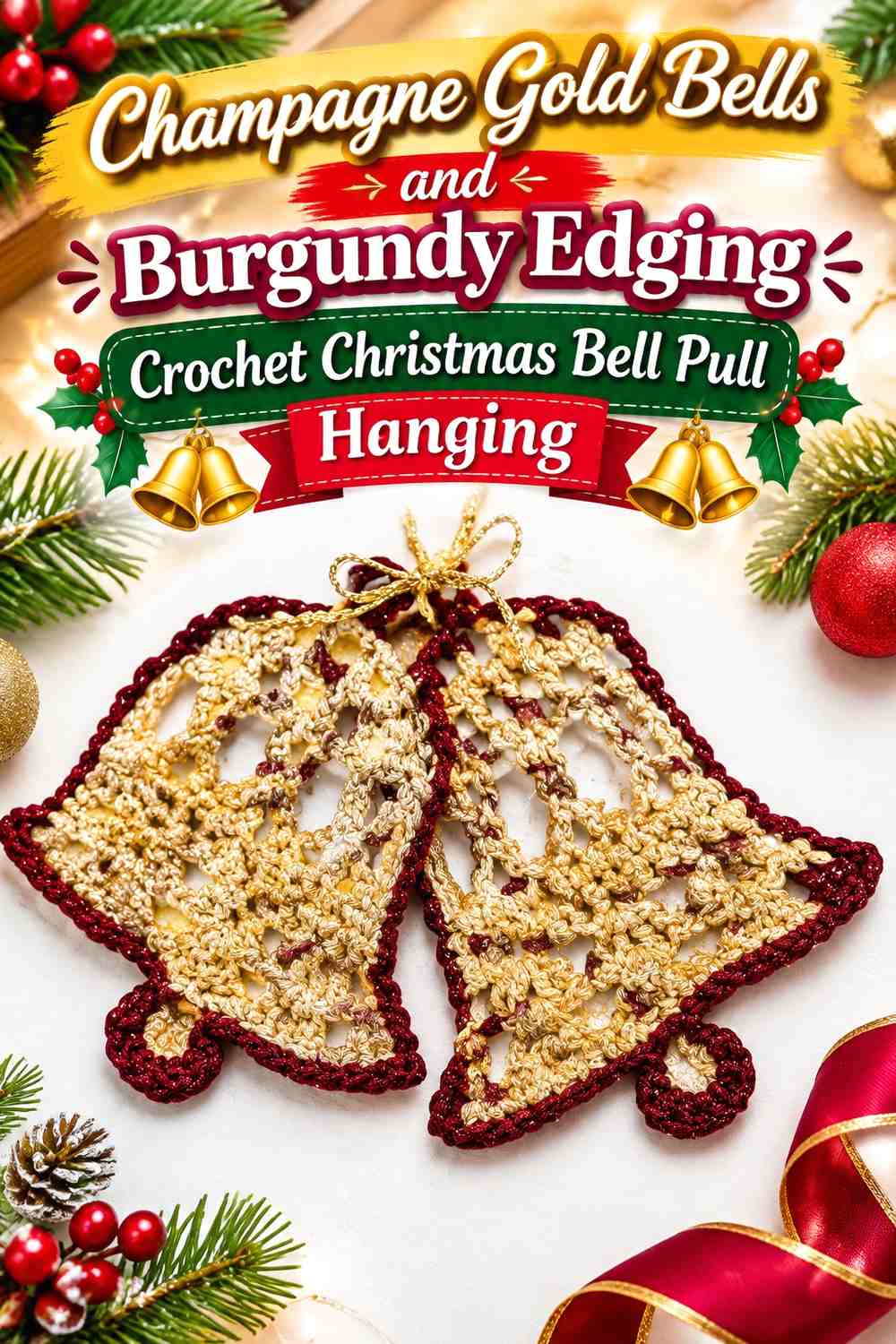 Champagne Gold Bells and Burgundy Edging Crochet Christmas Bell Pull Hanging