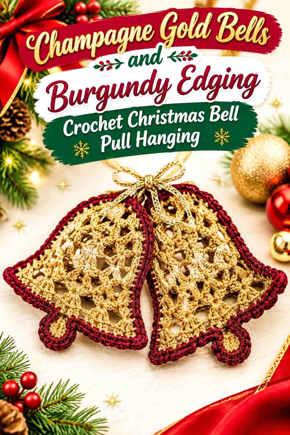Champagne Gold Bells and Burgundy Edging Crochet Christmas Bell Pull Hanging