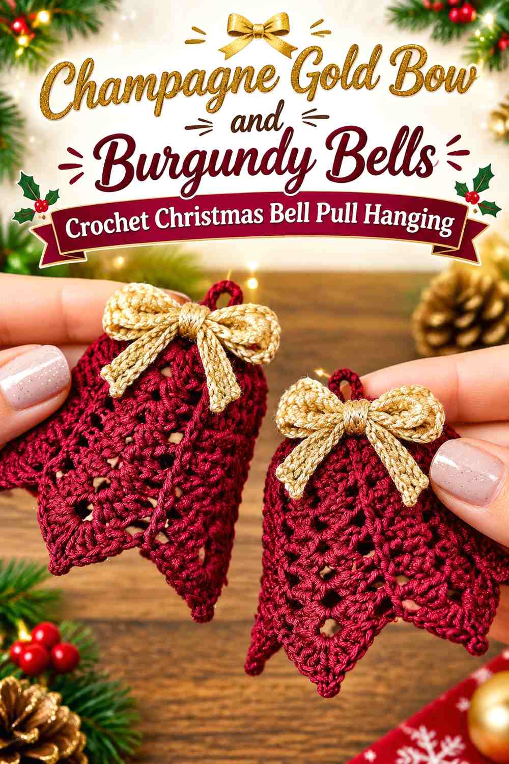 Champagne Gold Bow and Burgundy Bells Crochet Christmas Bell Pull Hanging