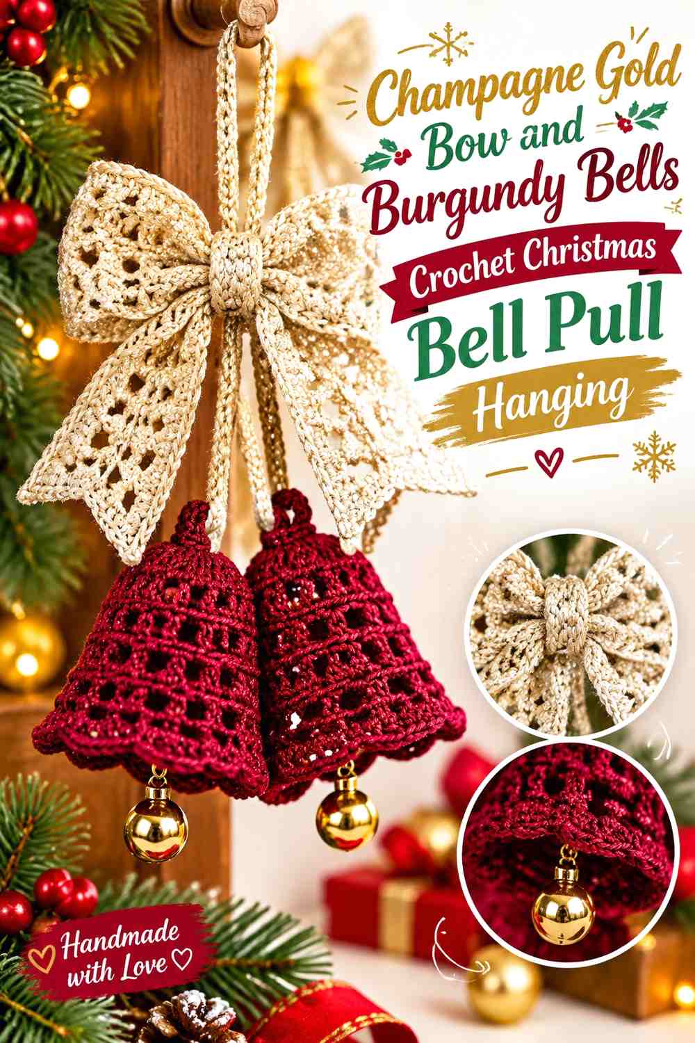 Champagne Gold Bow and Burgundy Bells Crochet Christmas Bell Pull Hanging