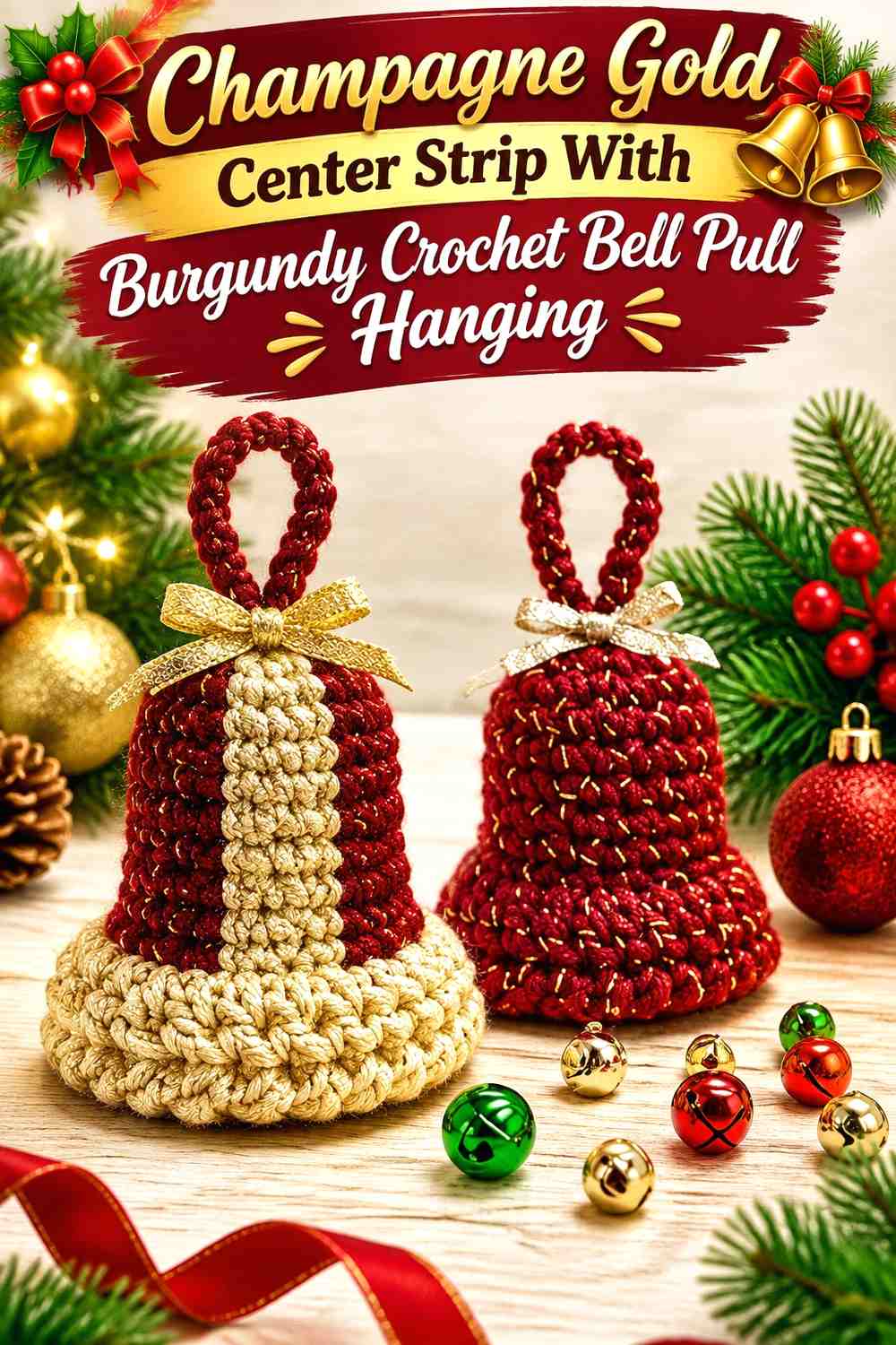 Champagne Gold Center Strip With Burgundy Crochet Bell Pull Hanging