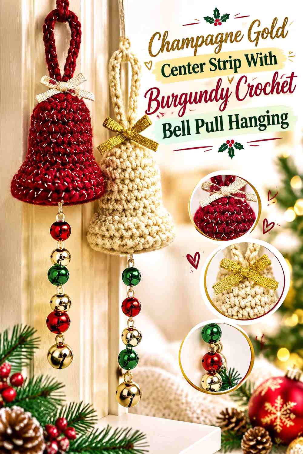 Champagne Gold Center Strip With Burgundy Crochet Bell Pull Hanging
