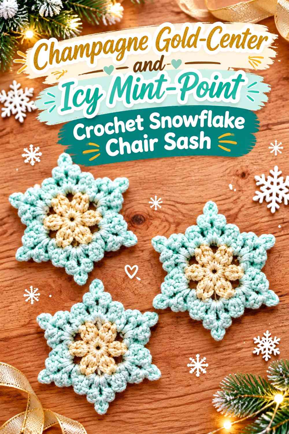 Champagne Gold-Center and Icy Mint-Point Crochet Snowflake Chair Sash