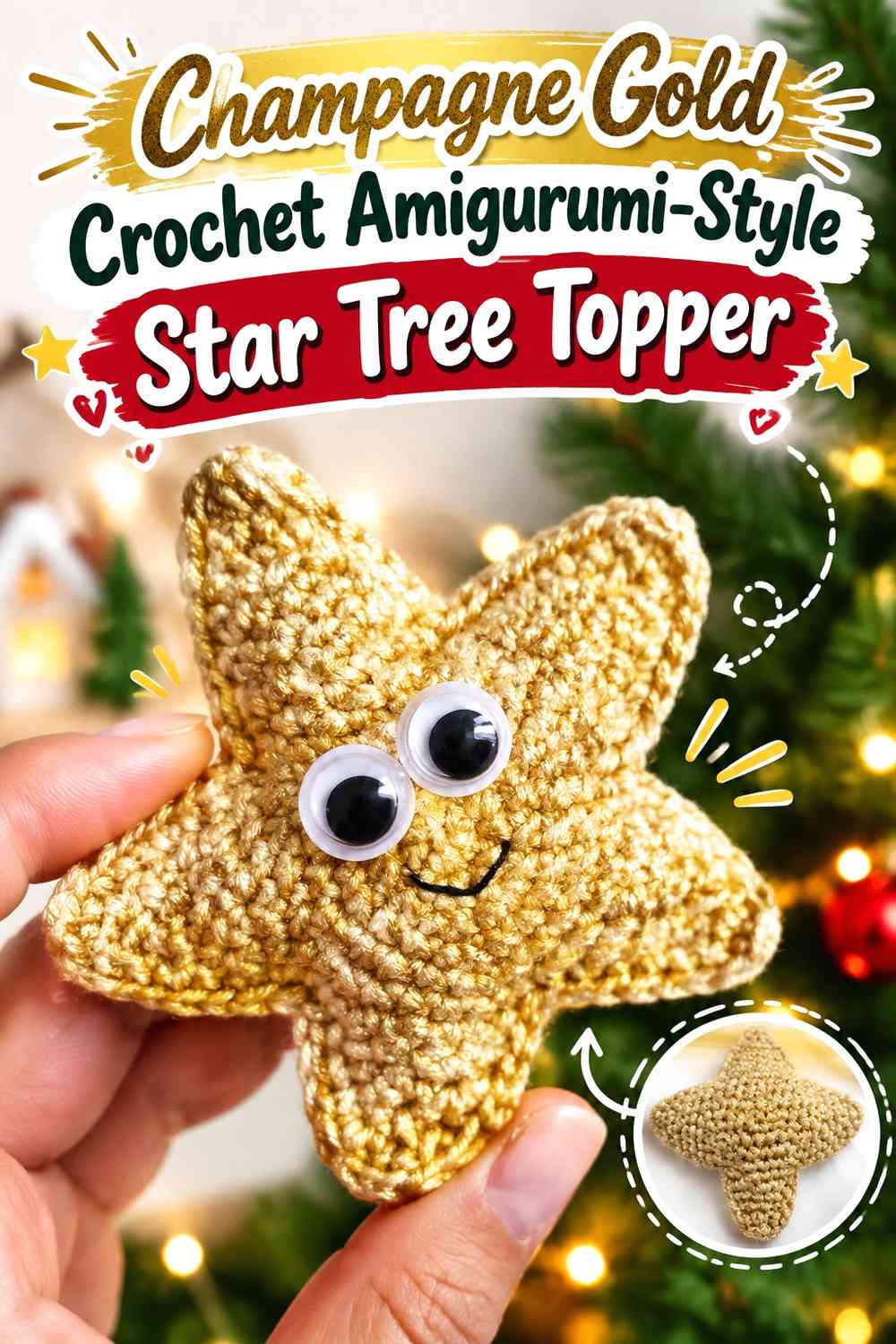 Champagne Gold Crochet Amigurumi-Style Star Tree Topper