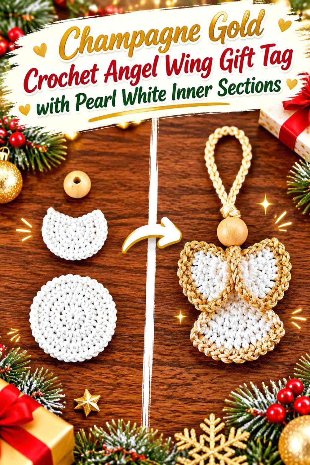 Champagne Gold Crochet Angel Wing Gift Tag with Pearl White Inner Sections