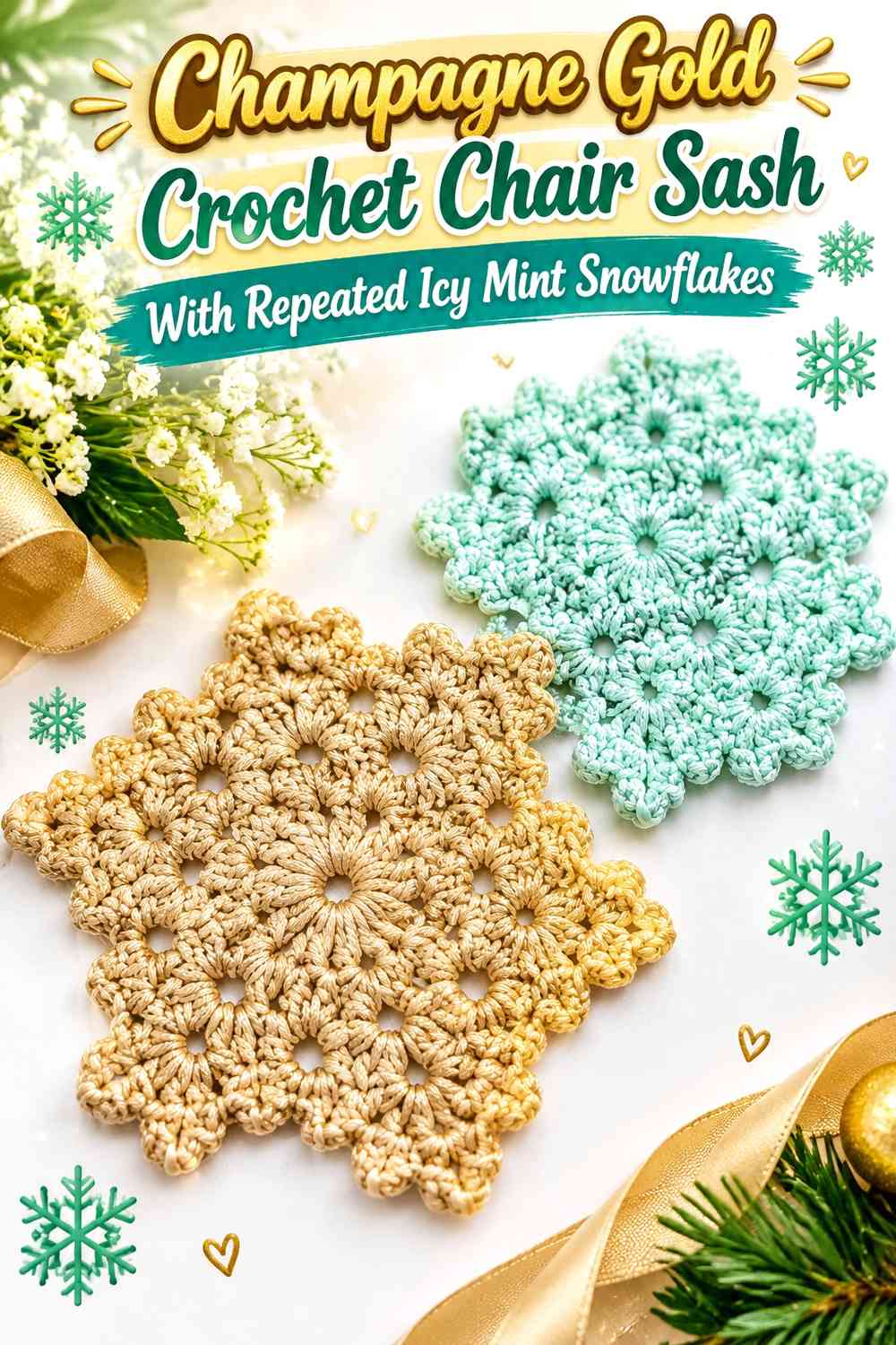 Champagne Gold Crochet Chair Sash With Repeated Icy Mint Snowflakes
