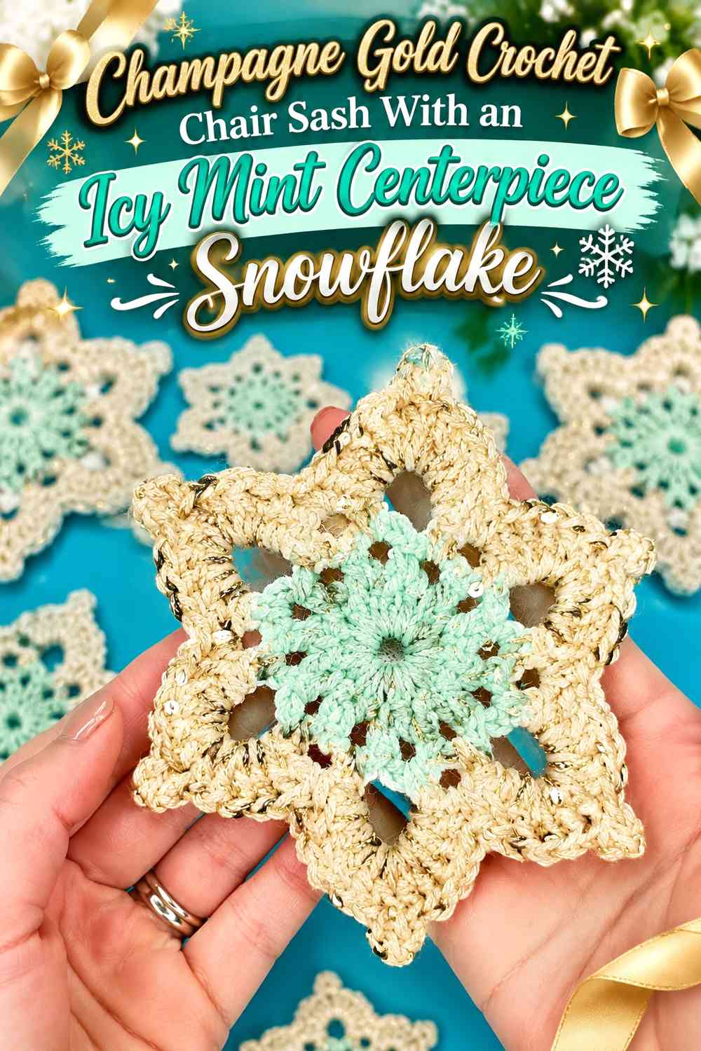 Champagne Gold Crochet Chair Sash With an Icy Mint Centerpiece Snowflake