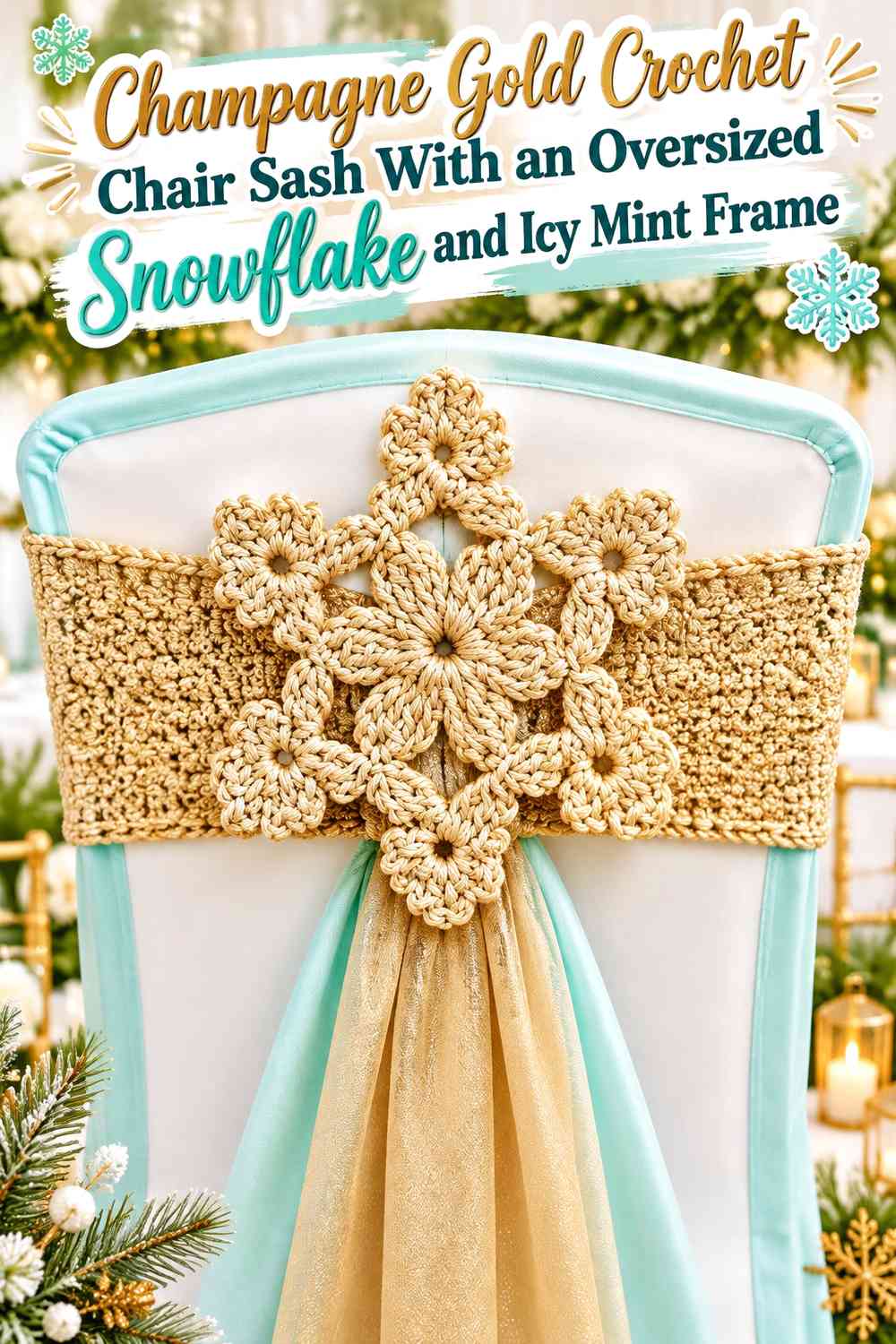 Champagne Gold Crochet Chair Sash With an Oversized Snowflake and Icy Mint Frame