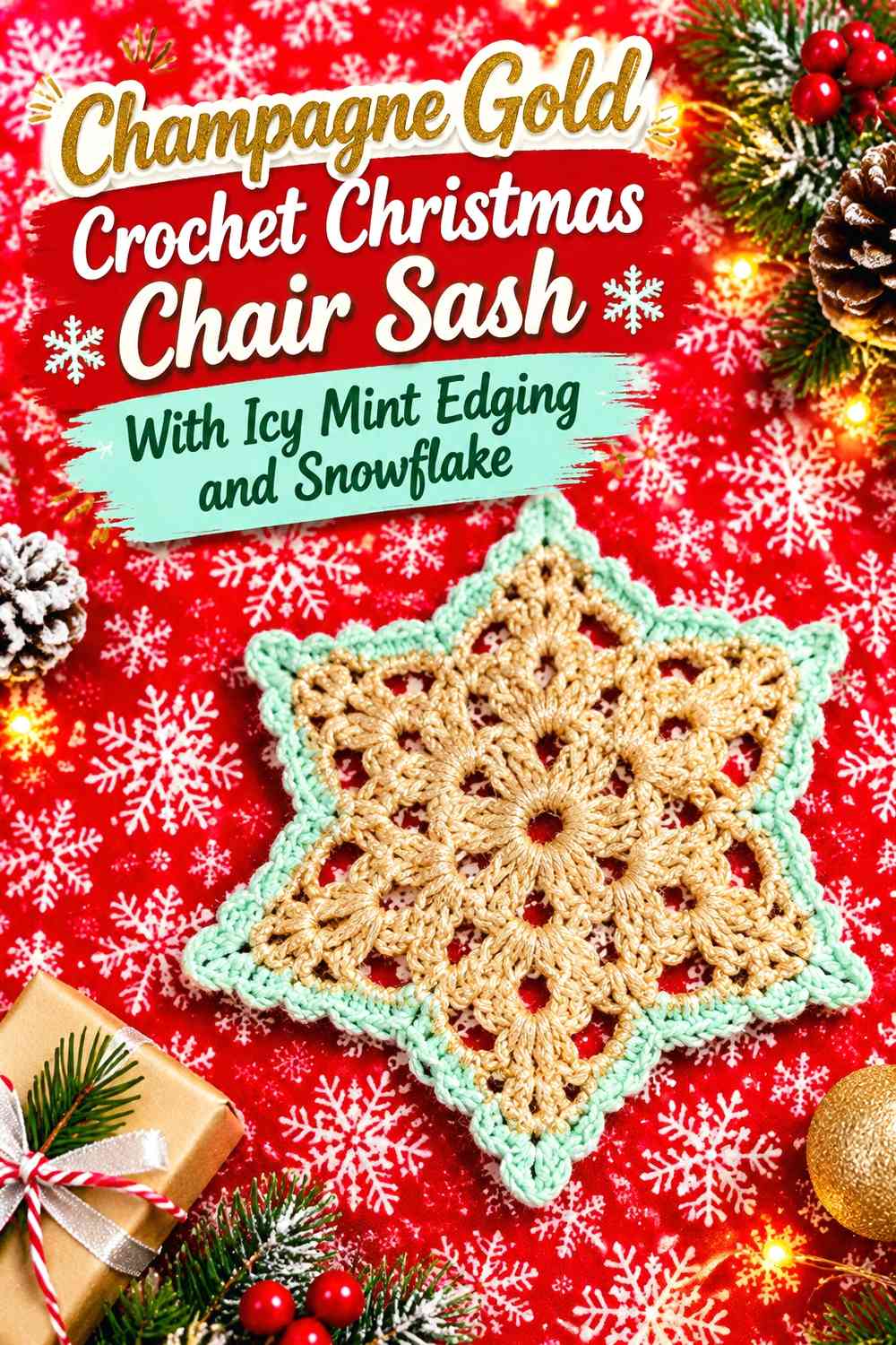 Champagne Gold Crochet Christmas Chair Sash With Icy Mint Edging and Snowflake
