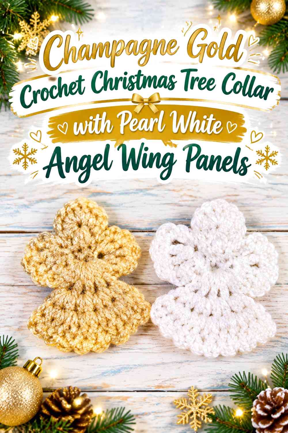 Champagne Gold Crochet Christmas Tree Collar with Pearl White Angel Wing Panels
