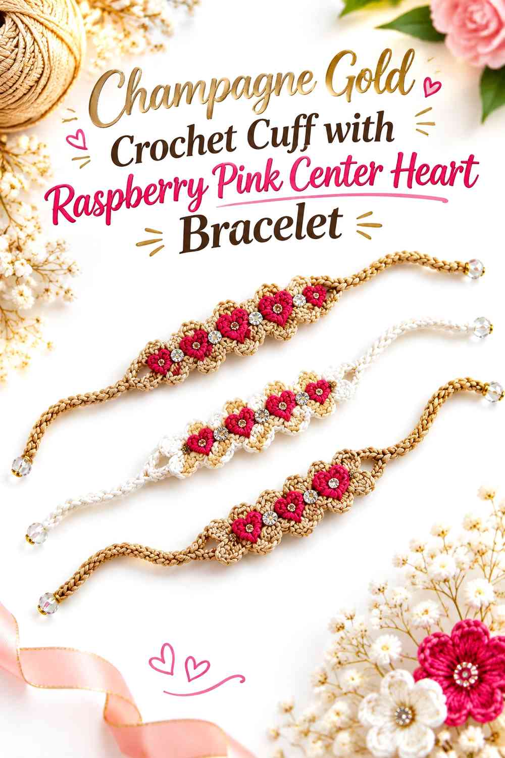Champagne Gold Crochet Cuff with Raspberry Pink Center Heart Bracelet