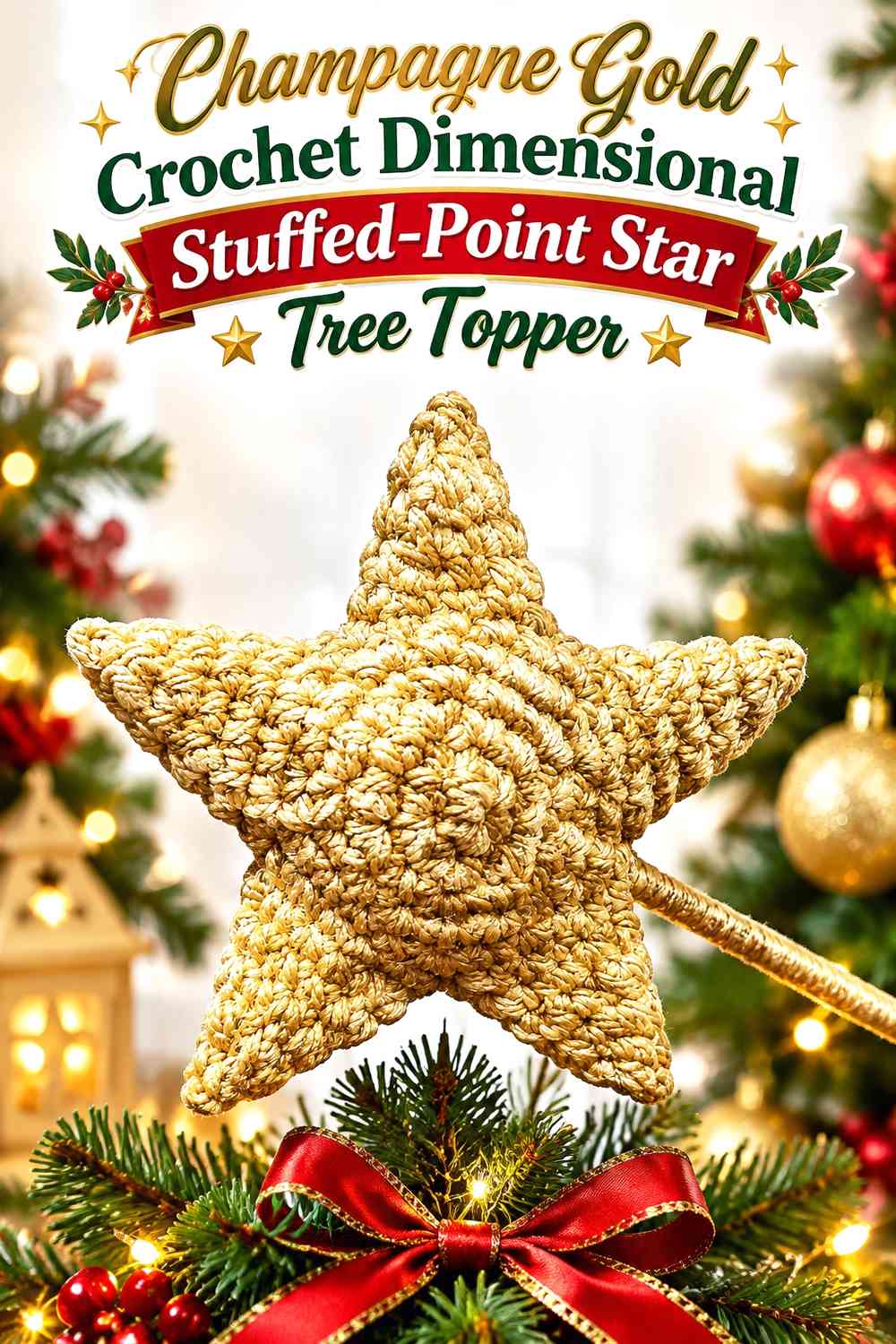 Champagne Gold Crochet Dimensional Stuffed-Point Star Tree Topper