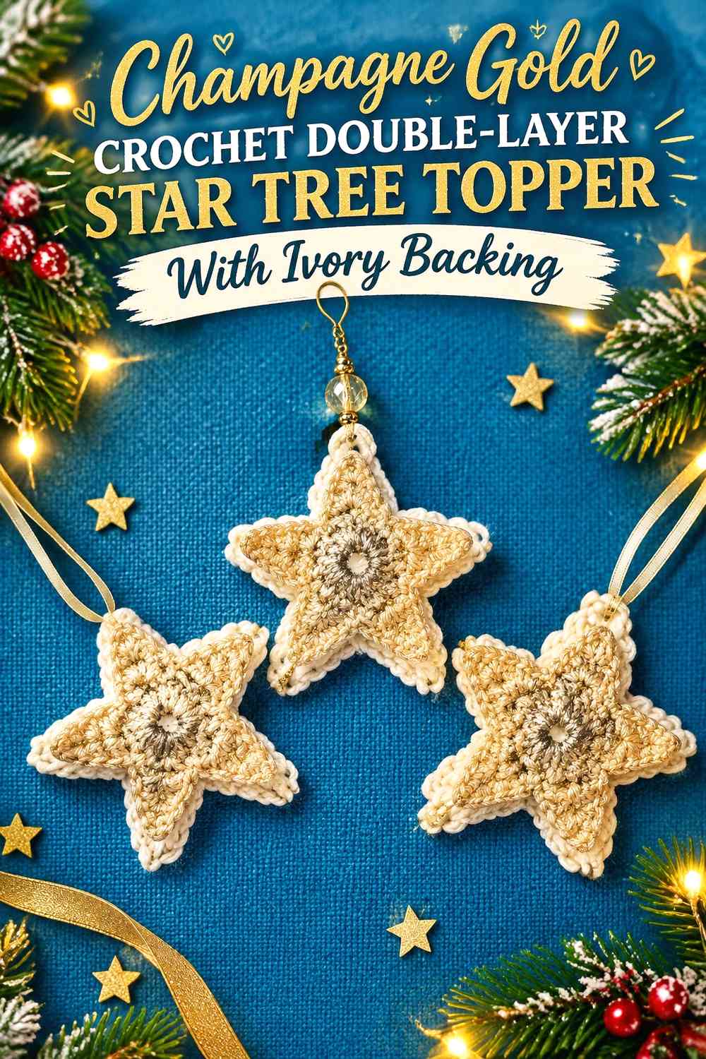 Champagne Gold Crochet Double-Layer Star Tree Topper With Ivory Backing
