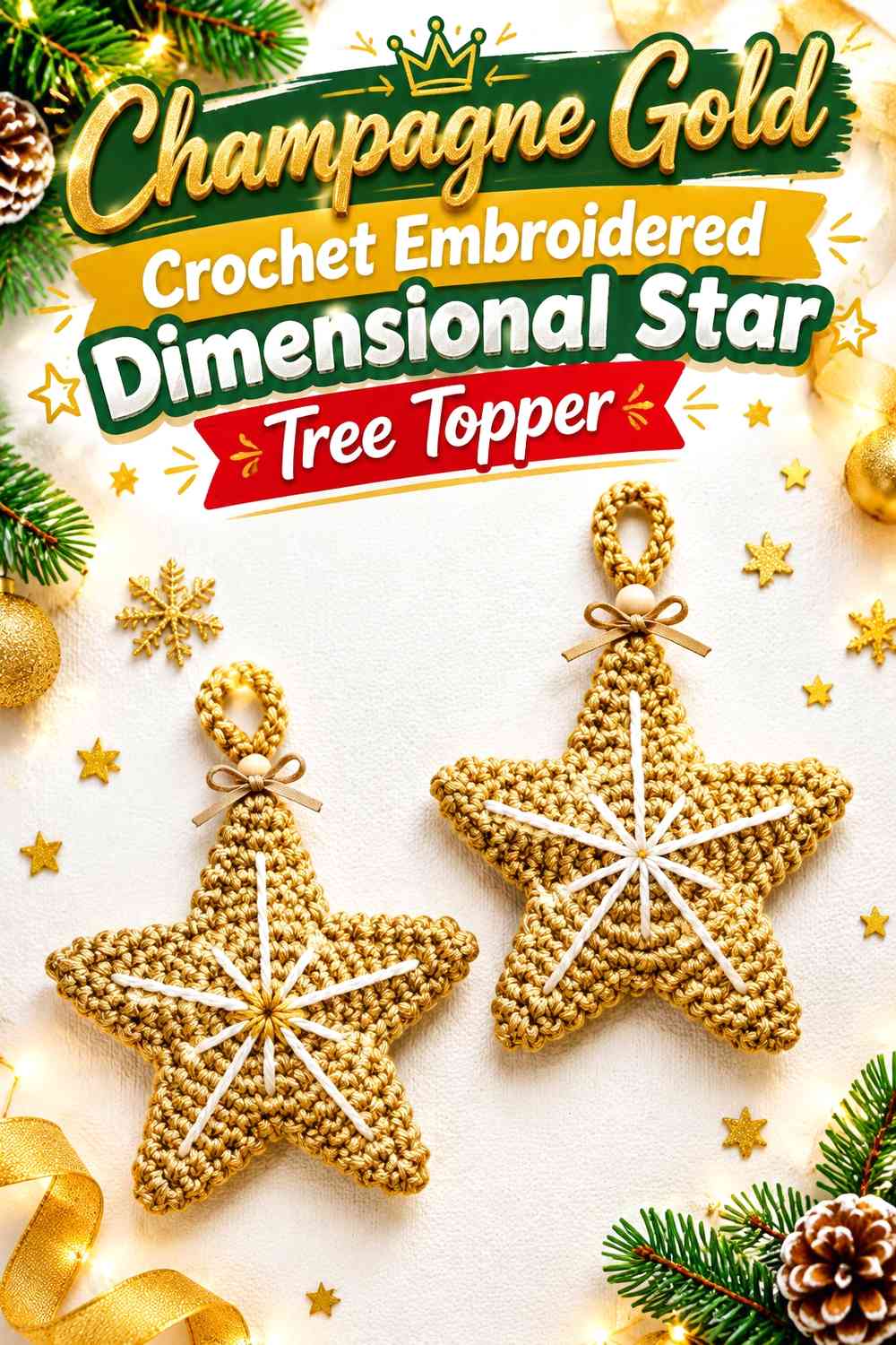 Champagne Gold Crochet Embroidered Dimensional Star Tree Topper