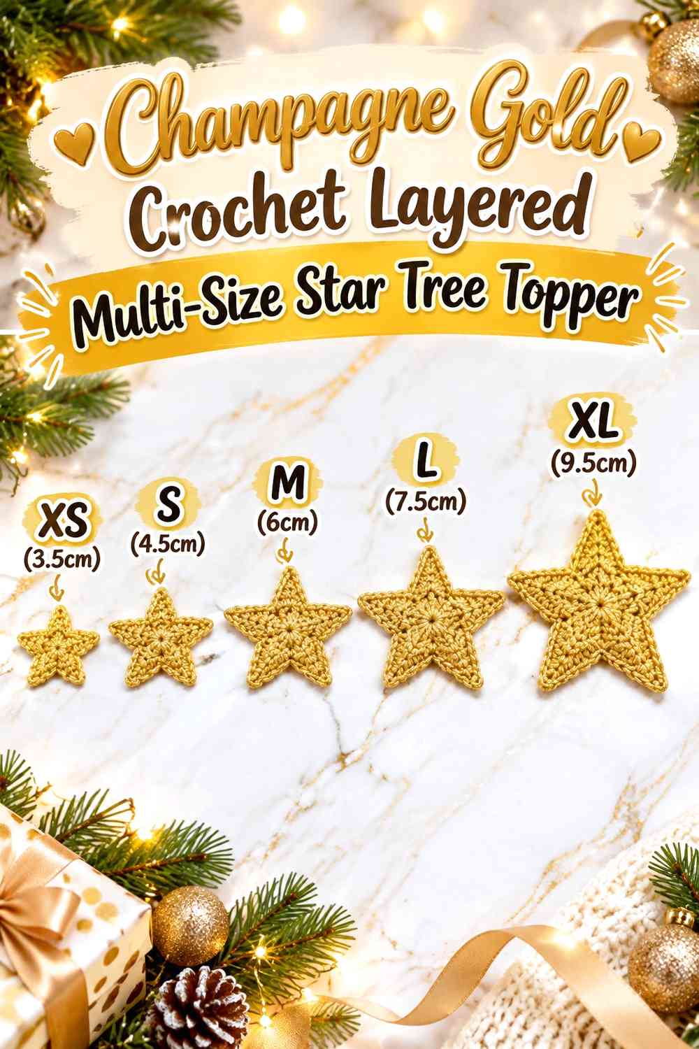 Champagne Gold Crochet Layered Multi-Size Star Tree Topper