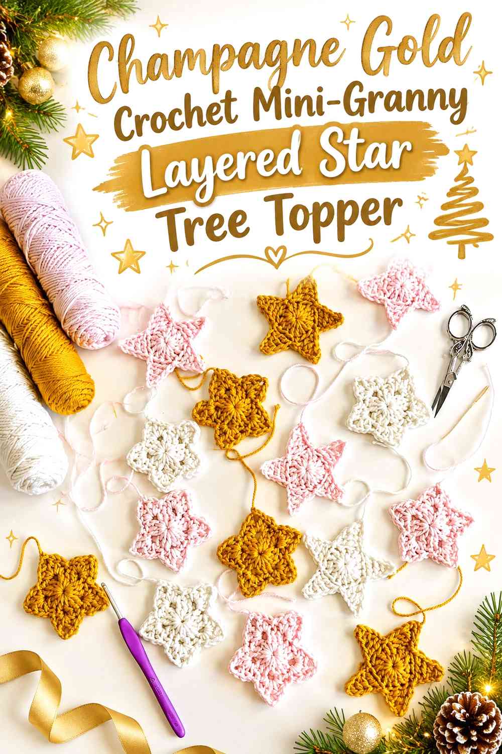 Champagne Gold Crochet Mini-Granny Layered Star Tree Topper