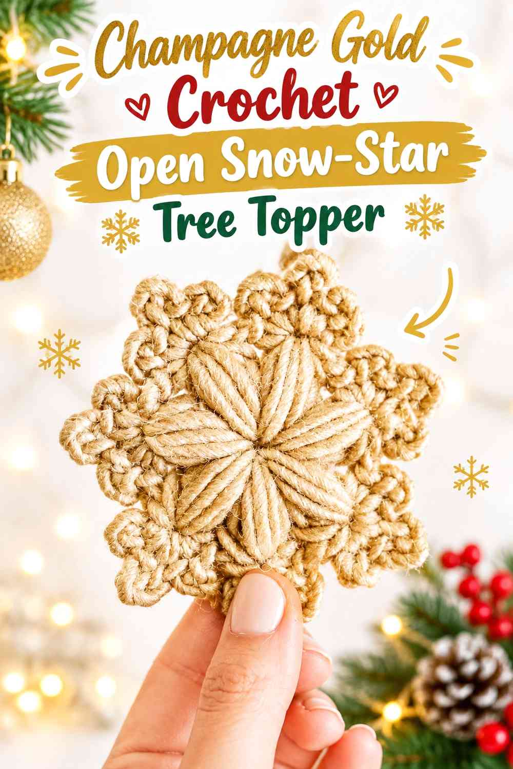 Champagne Gold Crochet Open Snow-Star Tree Topper