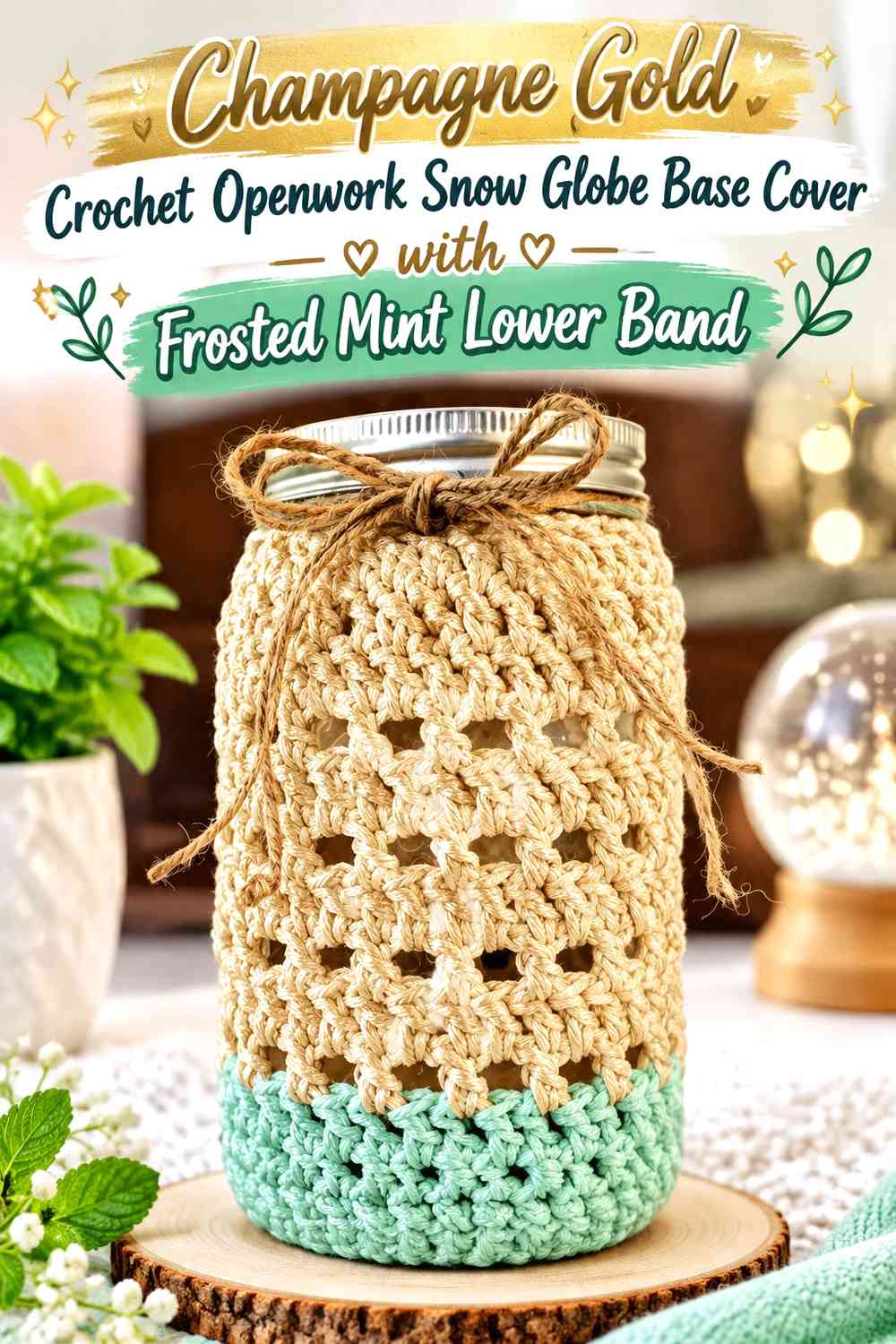 Champagne Gold Crochet Openwork Snow Globe Base Cover with Frosted Mint Lower Band