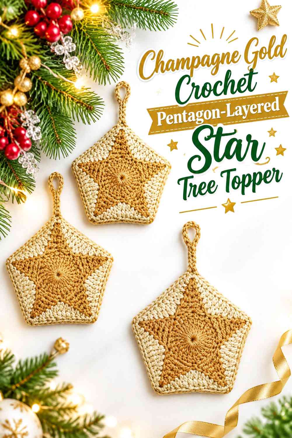 Champagne Gold Crochet Pentagon-Layered Star Tree Topper