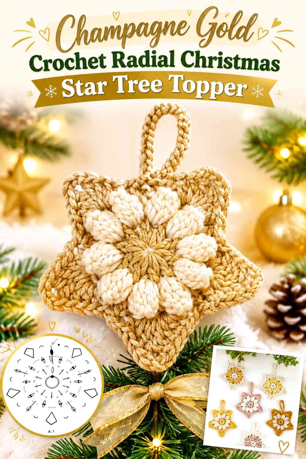 Champagne Gold Crochet Radial Christmas Star Tree Topper