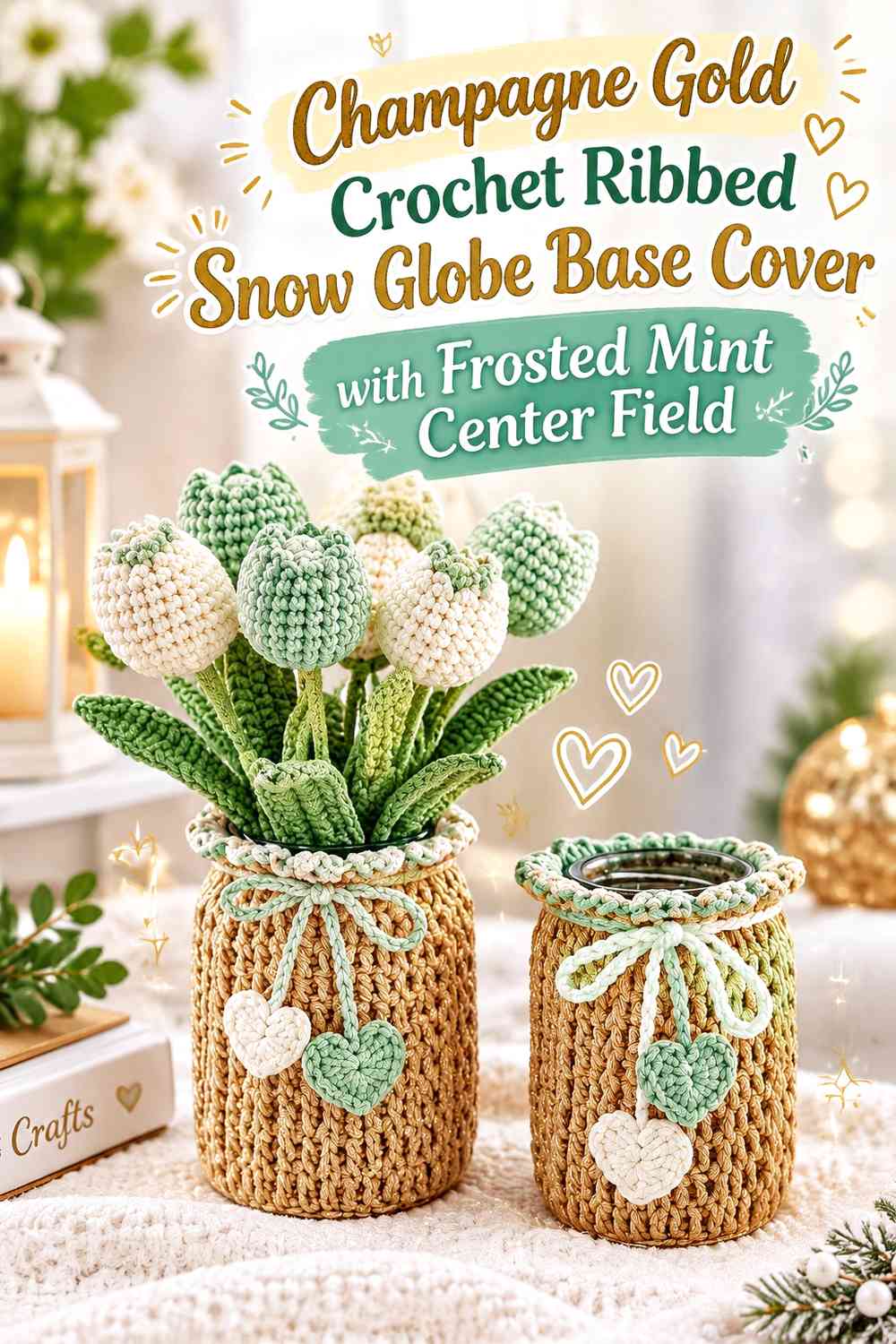 Champagne Gold Crochet Ribbed Snow Globe Base Cover with Frosted Mint Center Field