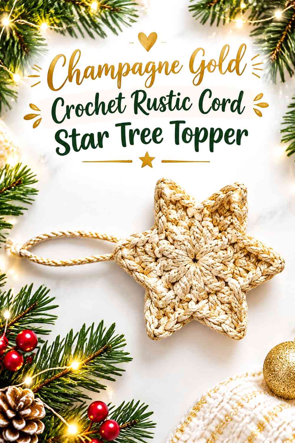 Champagne Gold Crochet Rustic Cord Star Tree Topper
