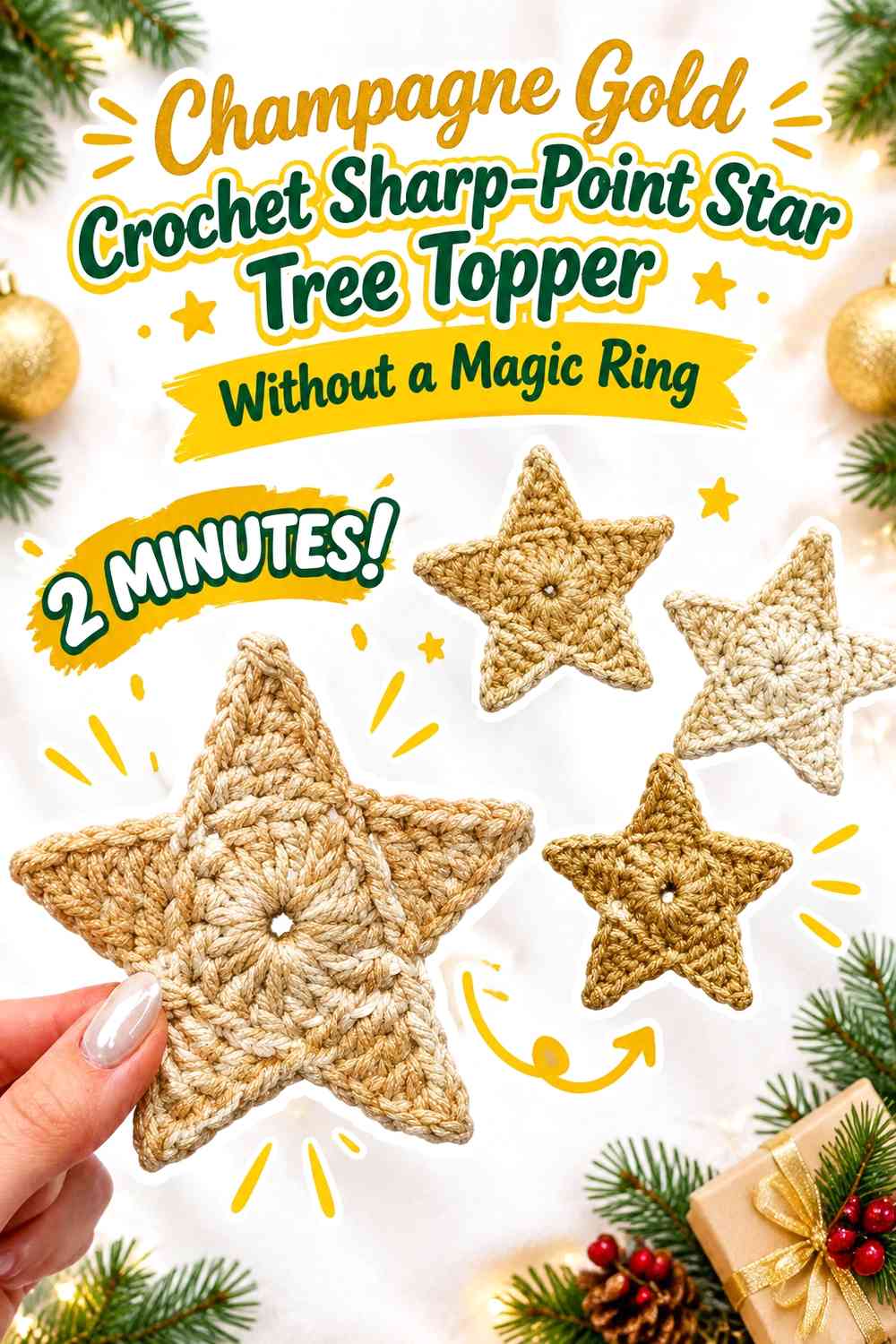 Champagne Gold Crochet Sharp-Point Star Tree Topper Without a Magic Ring
