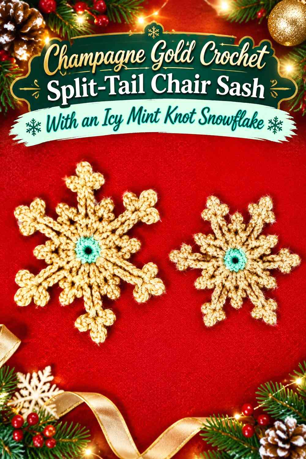 Champagne Gold Crochet Split-Tail Chair Sash With an Icy Mint Knot Snowflake