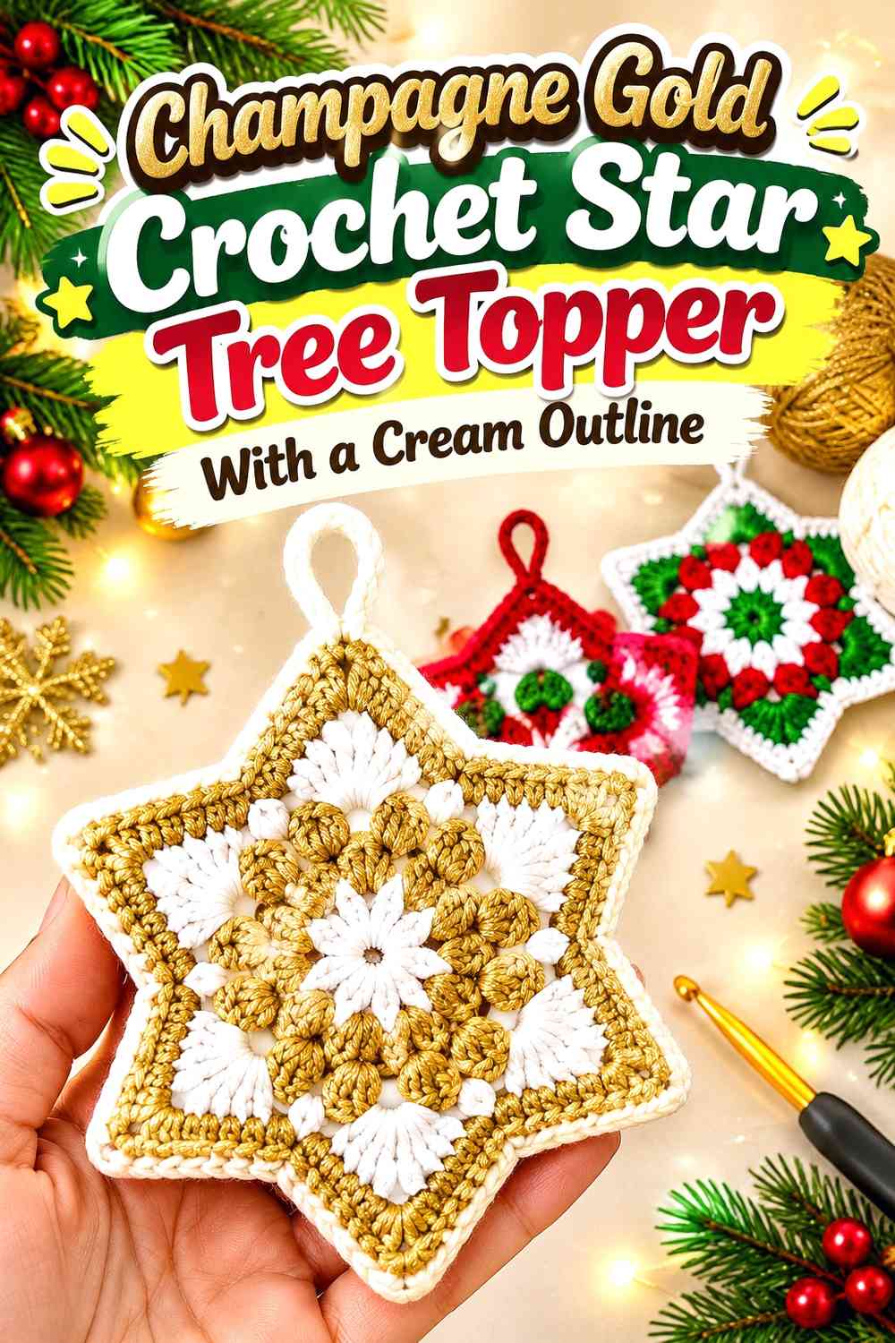 Champagne Gold Crochet Star Tree Topper With a Cream Outline
