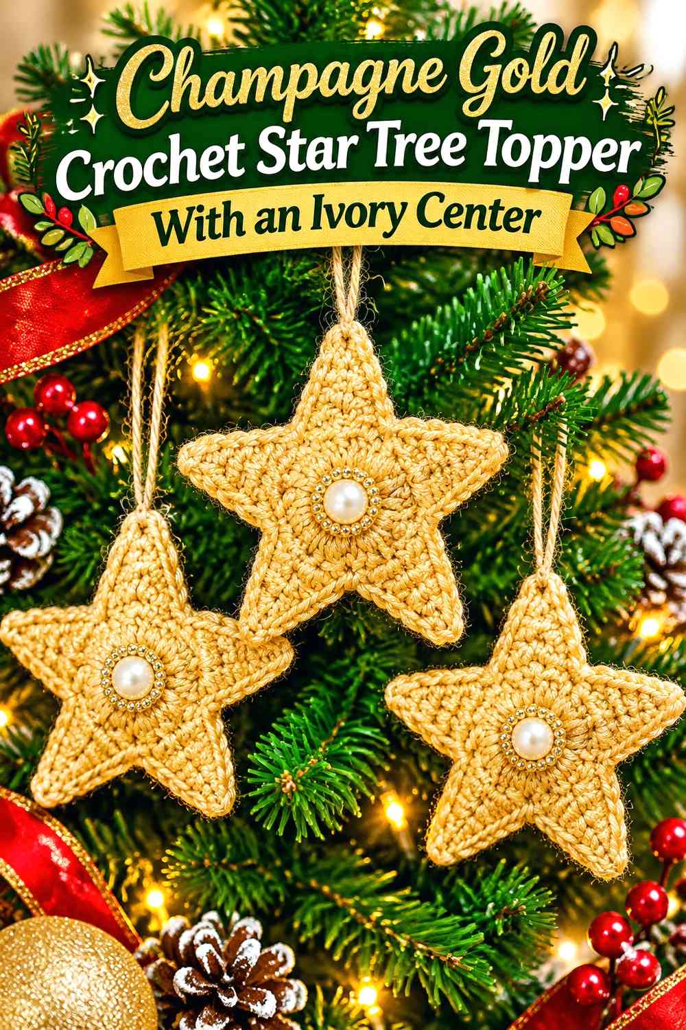 Champagne Gold Crochet Star Tree Topper With an Ivory Center