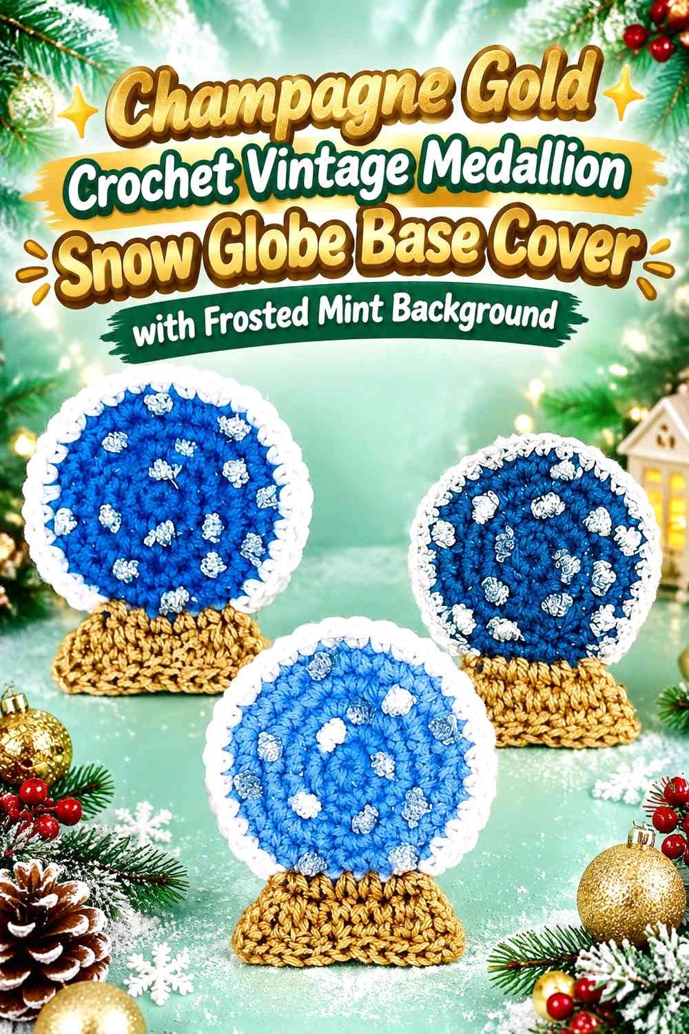 Champagne Gold Crochet Vintage Medallion Snow Globe Base Cover with Frosted Mint Background