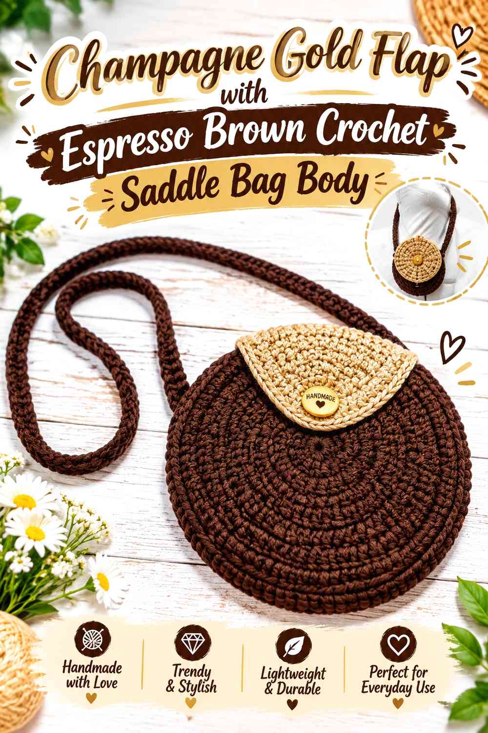 Champagne Gold Flap with Espresso Brown Crochet Saddle Bag Body