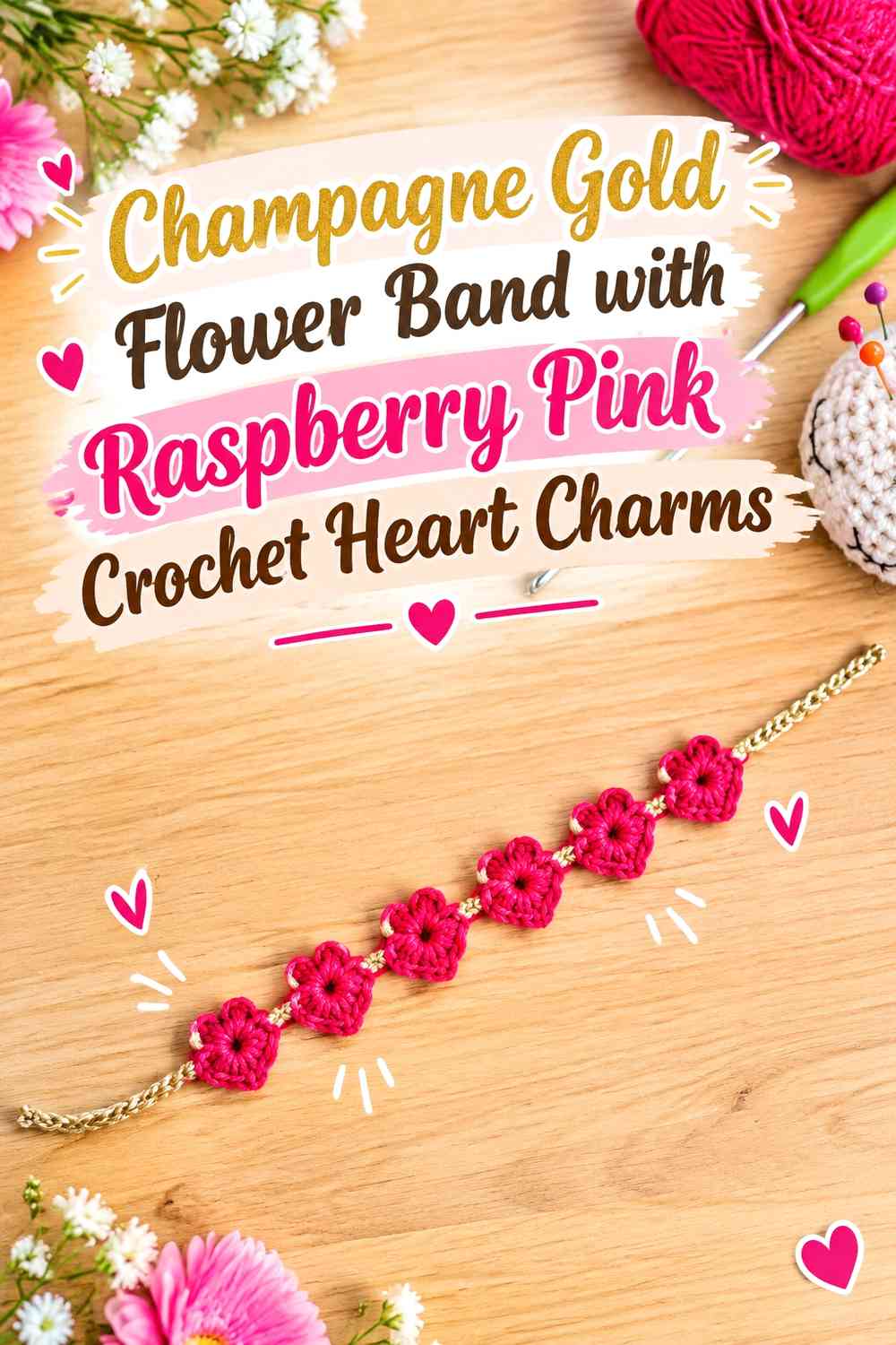 Champagne Gold Flower Band with Raspberry Pink Crochet Heart Charms