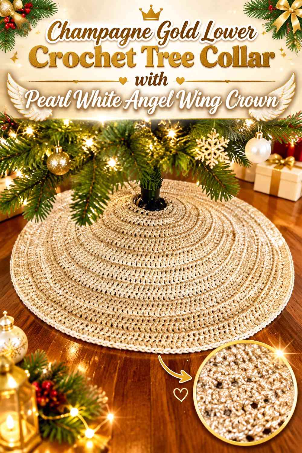 Champagne Gold Lower Crochet Tree Collar with Pearl White Angel Wing Crown