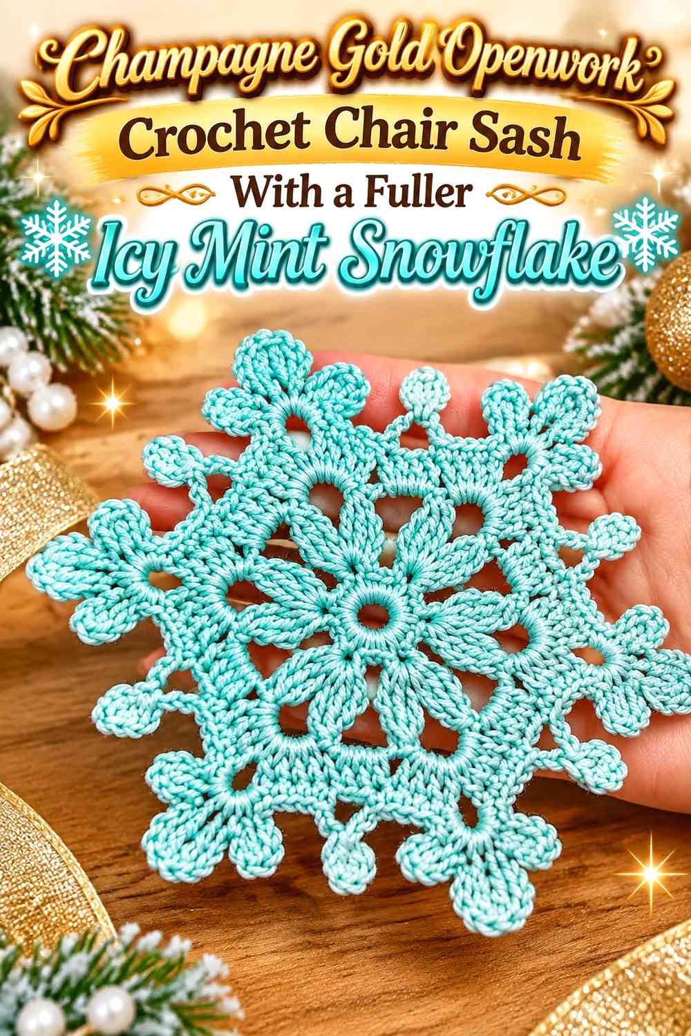 Champagne Gold Openwork Crochet Chair Sash With a Fuller Icy Mint Snowflake