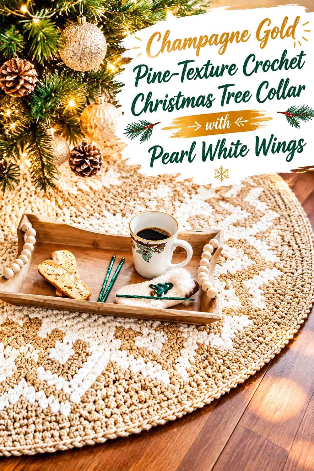 Champagne Gold Pine-Texture Crochet Christmas Tree Collar with Pearl White Wings