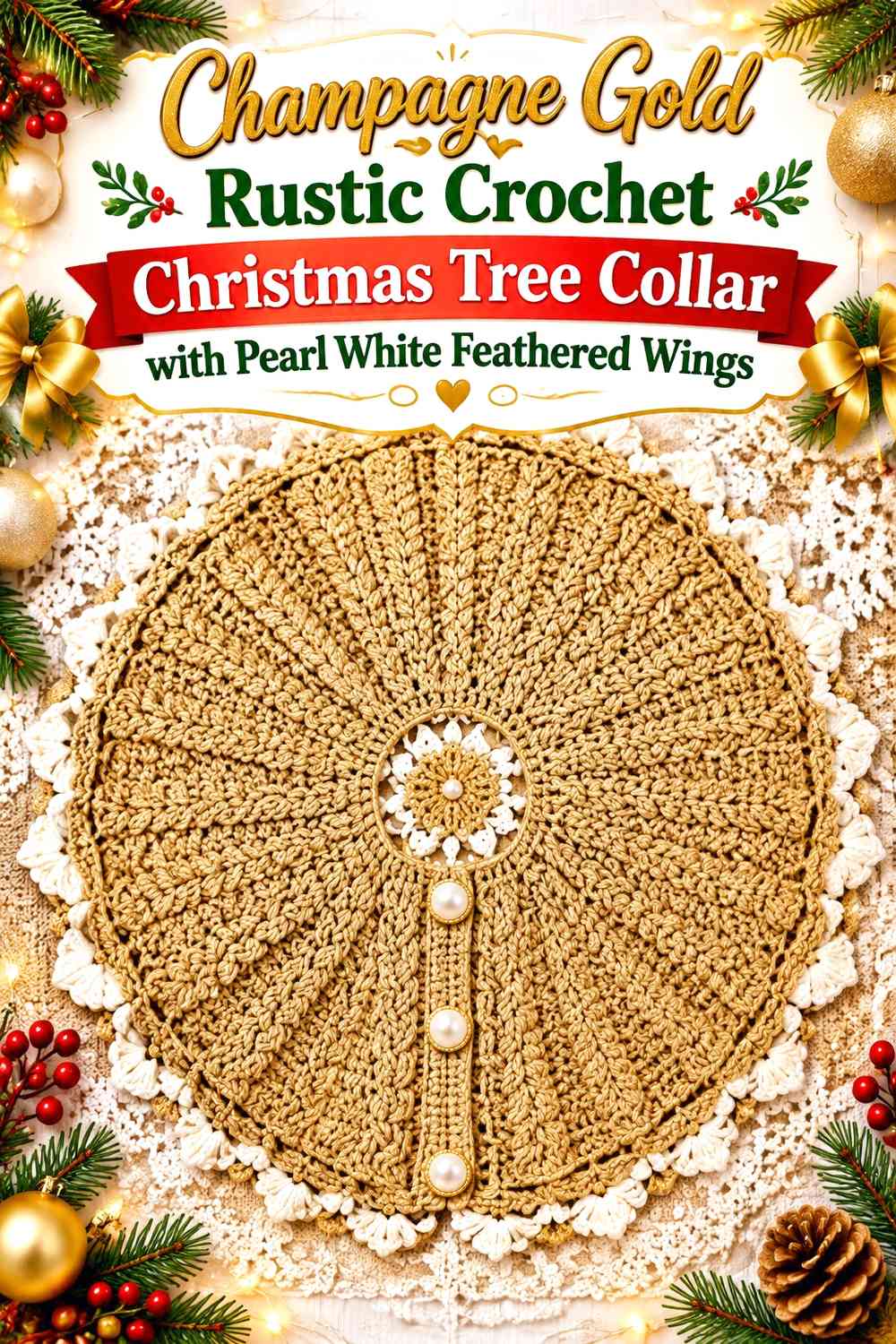 Champagne Gold Rustic Crochet Christmas Tree Collar with Pearl White Feathered Wings