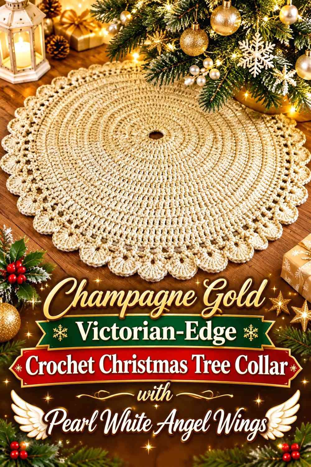 Champagne Gold Victorian-Edge Crochet Christmas Tree Collar with Pearl White Angel Wings