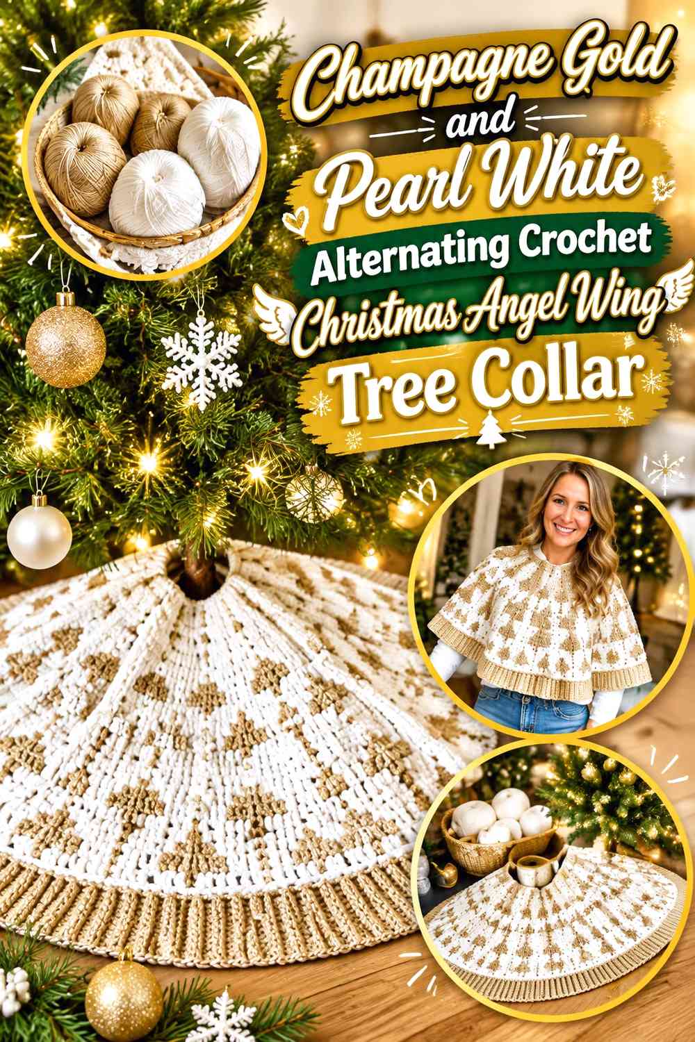 Champagne Gold and Pearl White Alternating Crochet Christmas Angel Wing Tree Collar