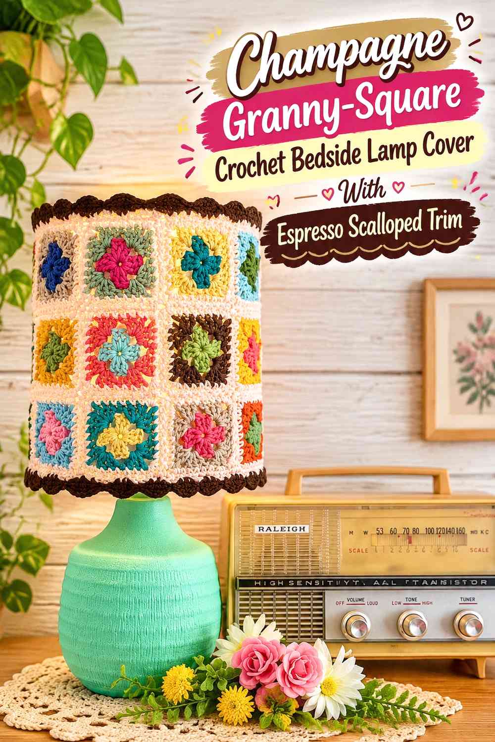 Champagne Granny-Square Crochet Bedside Lamp Cover With Espresso Scalloped Trim