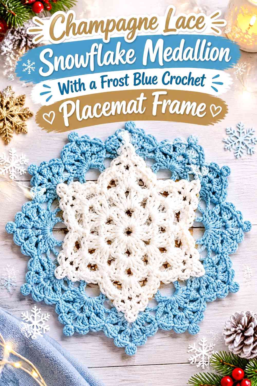 Champagne Lace Snowflake Medallion With a Frost Blue Crochet Placemat Frame
