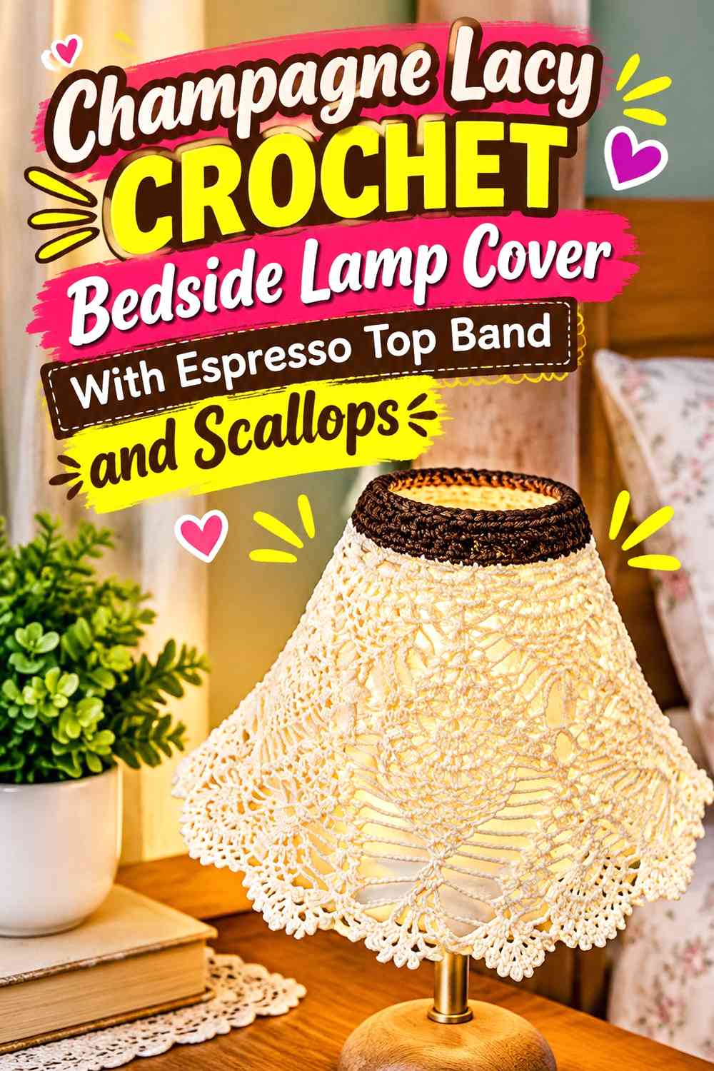 Champagne Lacy Crochet Bedside Lamp Cover With Espresso Top Band and Scallops