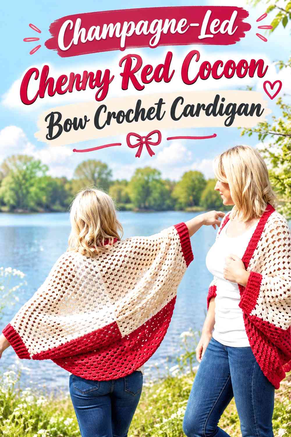 Champagne-Led Cherry Red Cocoon Bow Crochet Cardigan