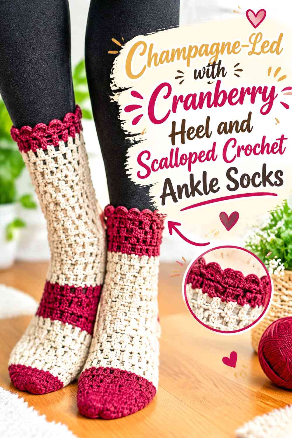 Champagne-Led with Cranberry Heel and Scalloped Crochet Ankle Socks