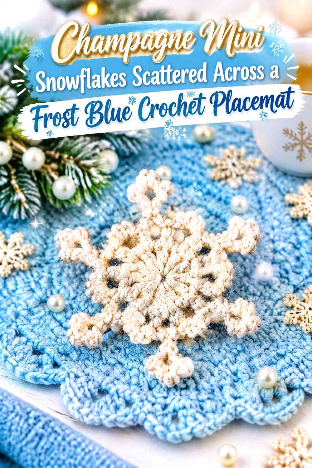 Champagne Mini Snowflakes Scattered Across a Frost Blue Crochet Placemat