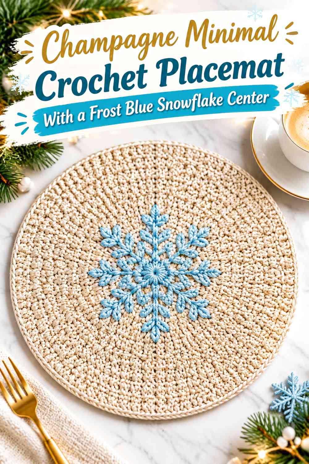 Champagne Minimal Crochet Placemat With a Frost Blue Snowflake Center
